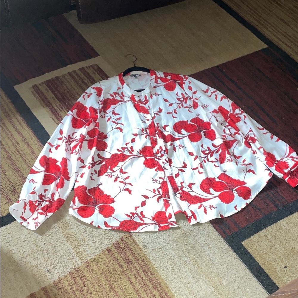 Fashion Nova White Blouse with Red Floral Detail